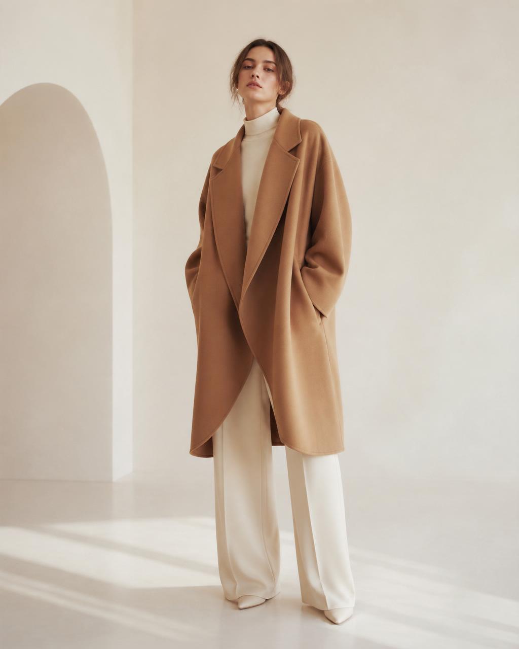 Campaña de moda generada por IA con modelo en estudio minimalista