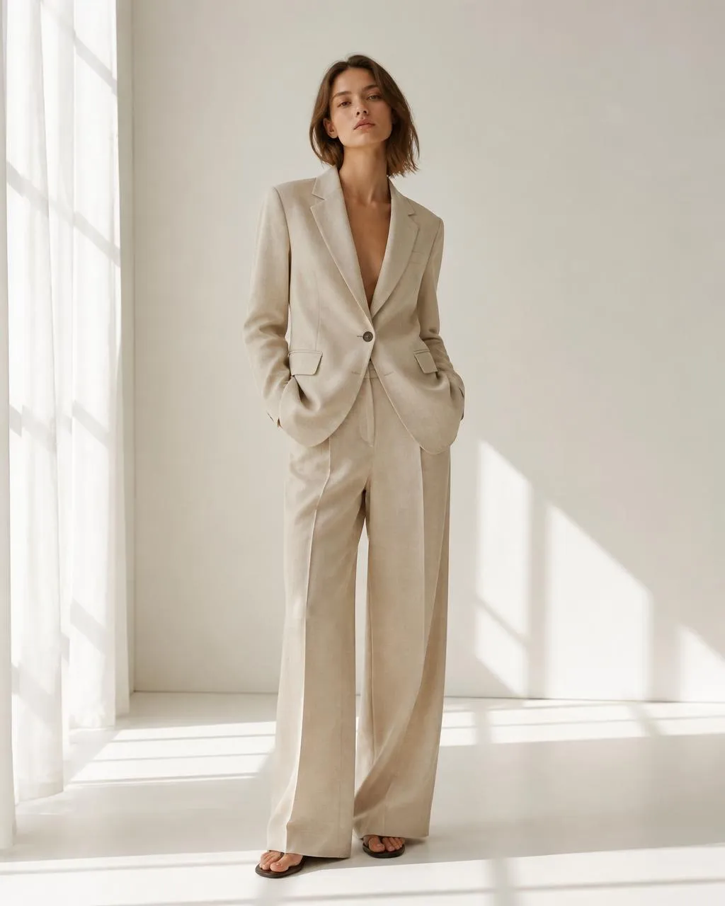 Modelo creada con IA con traje sastre color crema junto a un ventanal en estilo editorial minimalista